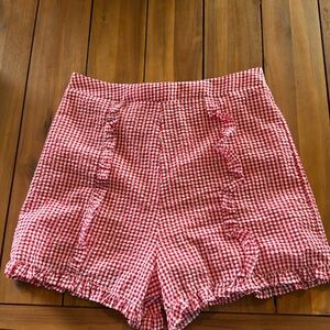 Red Checkered Linen Shorts High Waisted